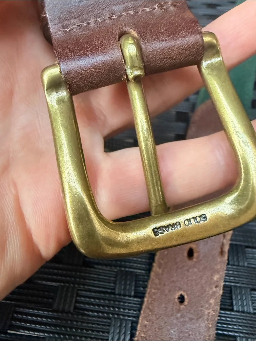 Vintage Rare Brooks Brothers Green Canvas Leather Belt Solid Brass Buckle 42”